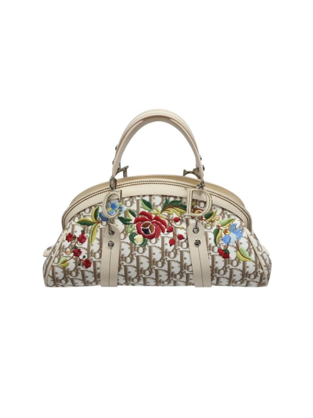 Dior Trotter Handbag Floral Embroidery Canvas Beige